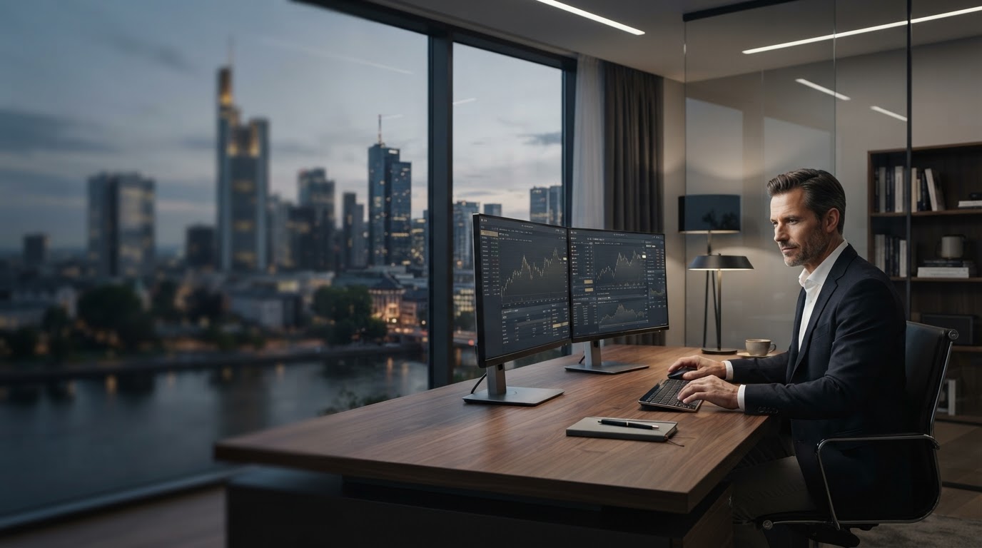 NyrqelvaxTrade – Investor arbeitet ortsunabhängig mit datengestützter Analyseoberfläche